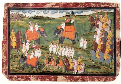 Colonel James Tod and Guru Gyanchandra riding elephants near Udaipur, October 1822 by Rajasthani School